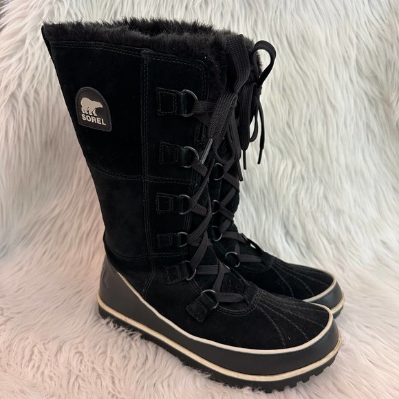 SOREL Tivoli High II Boots Suede Leather Faux Fur Waterproof Snow Black NL2093 - Picture 3 of 5
